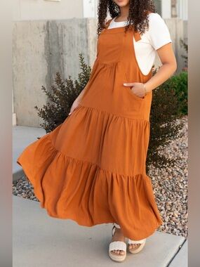 Oddi Tiered Pinafore Maxi Skirt in Toffee